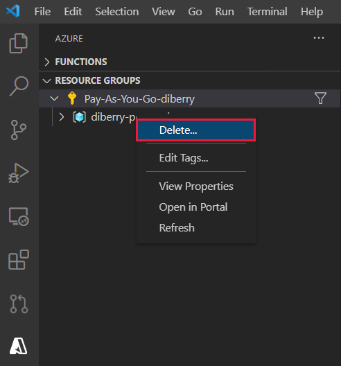 Captura de tela parcial do VS Code selecionando o grupo de recursos na lista de grupos de recursos e clicando com o botão direito do mouse na opção 'Excluir'.