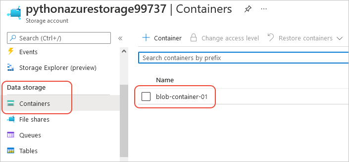 Página do portal do Azure para a conta de armazenamento mostrando o contêiner de blob