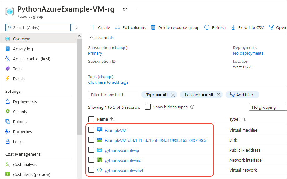 A página do portal do Azure do novo grupo de recursos mostrando a máquina virtual e os recursos relacionados