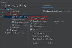 Screenshot showing how to start container from Docker image in PyCharm.