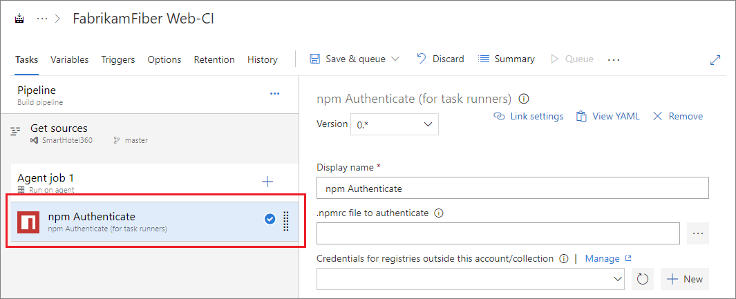 Captura de tela mostrando a tarefa de autenticação npm adicionada ao pipeline.