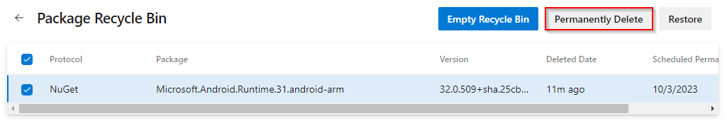 Uma captura de tela mostrando como excluir permanentemente um pacote nos Artefatos do Azure.