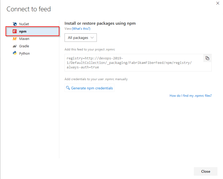 Uma captura de tela que mostra como configurar um projeto npm e se conectar a um feed do Azure Artifacts em Azure DevOps Server 2019.