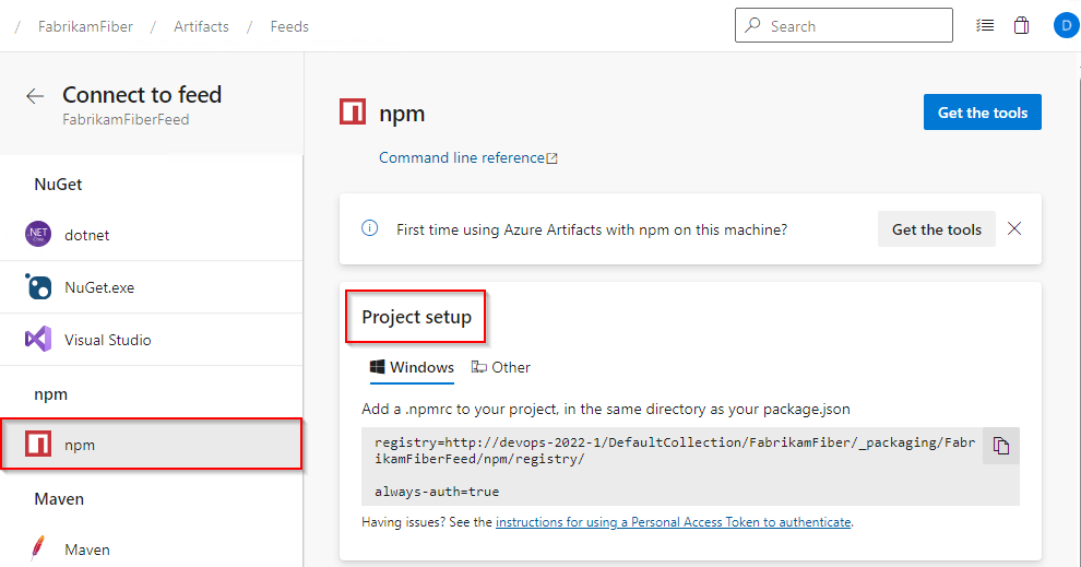 Uma captura de tela mostrando como configurar seu projeto npm em Azure DevOps Server 2022.1.