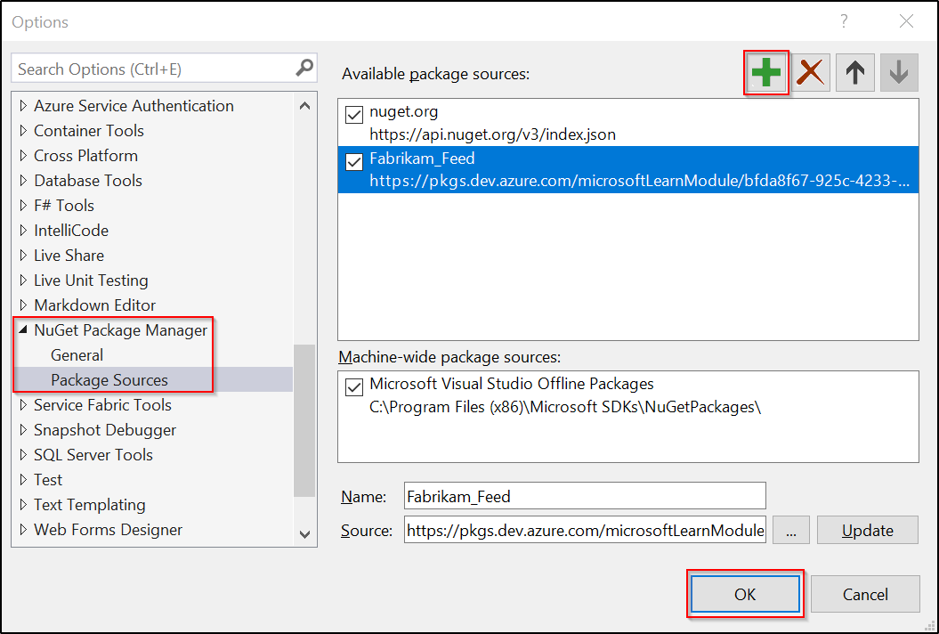 Captura de tela mostrando como adicionar uma nova fonte de pacote no Visual Studio – Windows