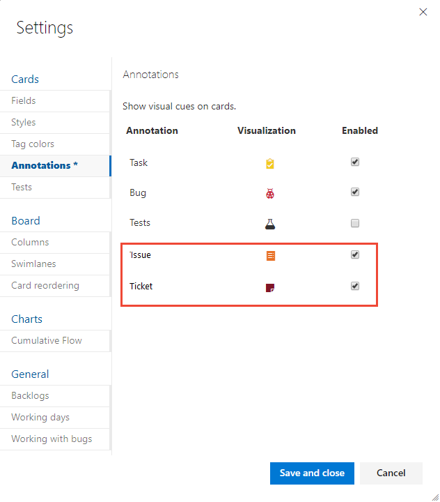 Na página de configurações, a guia Anotações está selecionada e cinco tipos de anotação (Tarefa, Bug, Testes, Problema, Tíquete) estão listados. Todos, exceto testes, estão habilitados.