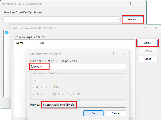 A captura de tela mostra as caixas de diálogo Conectar ao Azure Server, versões na infraestrutura local.