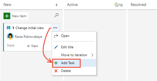 A captura de tela mostra a escolha de Adicionar tarefa no menu do cartão História do usuário no processo Agile.