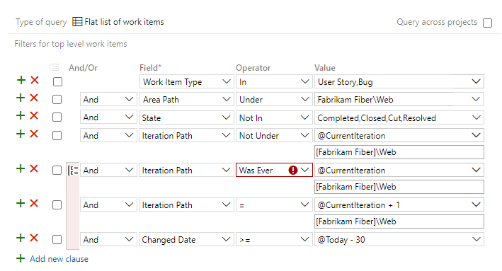 Captura de tela que mostra os itens de trabalho do Editor de Consultas movidos de um sprint.