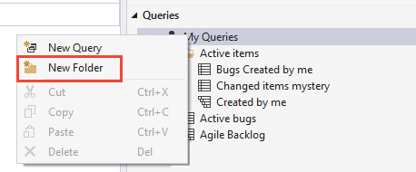 Captura de tela do Visual Studio, abra o menu de contexto e selecione Nova Pasta.