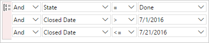 Captura de tela que mostra a cláusula do Editor de Consultas para localizar itens fechados dentro de um período especificado.