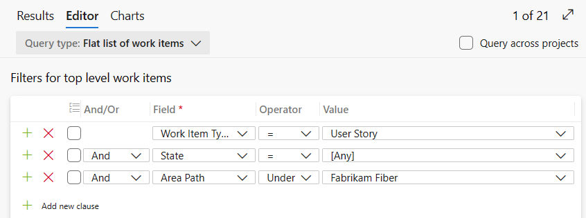 Captura de tela mostrando o editor de Consultas, a lista simples, as histórias abertas.