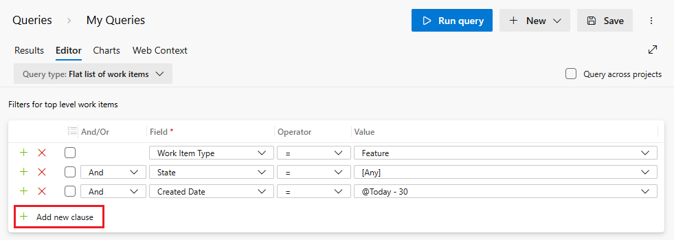 Captura de tela do Editor de Consultas mostrando como adicionar uma cláusula.