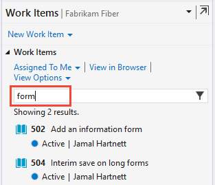 Captura de tela do Visual Studio 2019, Team Explorer, página Itens de Trabalho, Filtrar com base em uma palavra-chave.