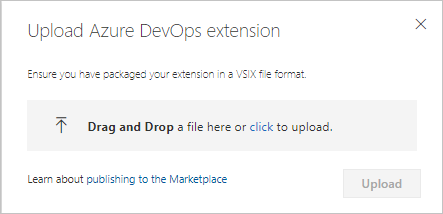 Captura de tela mostrando o upload da nova extensão para o Azure DevOps.