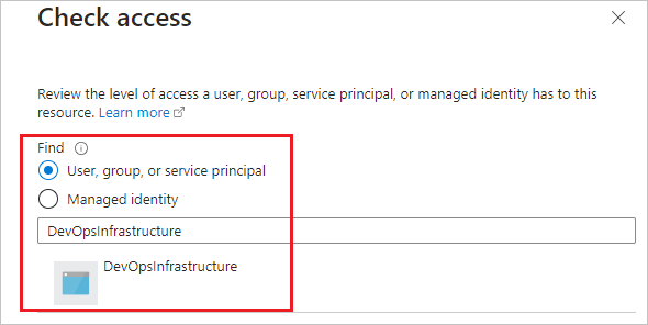 Captura de tela da seleção da entidade de segurança AzureDevOpsInfrastructure.