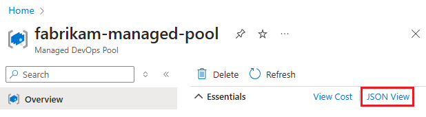 Captura de tela do botão Exibir JSON na visão geral do pool.