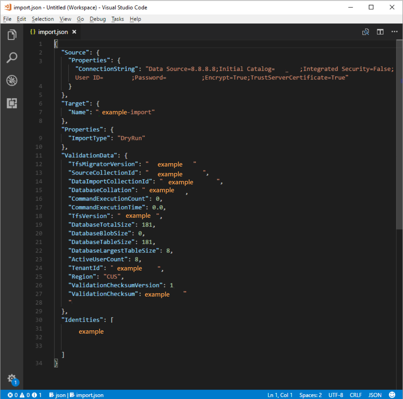 Captura de tela da especificação de migração que faz referência a uma VM do SQL Azure.