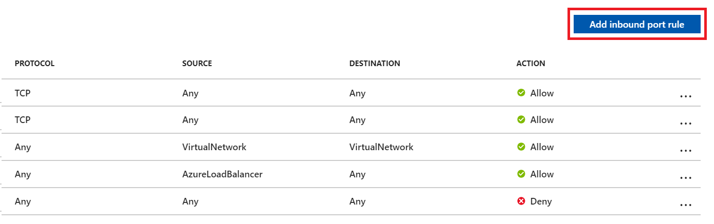 Captura de tela do botão Adicionar regra de porta de entrada na página do adaptador de rede da VM do SQL Azure.