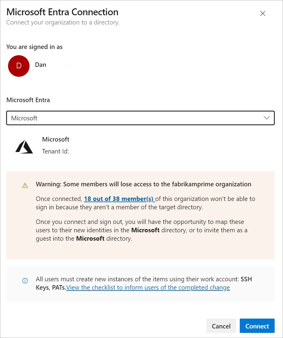 Captura de tela mostrando o aviso de conexão do Microsoft Entra.