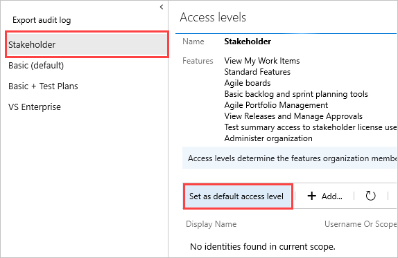 Captura de tela do nível de acesso do Stakeholder, definido como padrão.