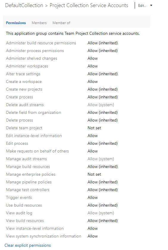 Captura de tela da caixa de diálogo Permissões no nível da coleção, Azure DevOps Services página atual e local.