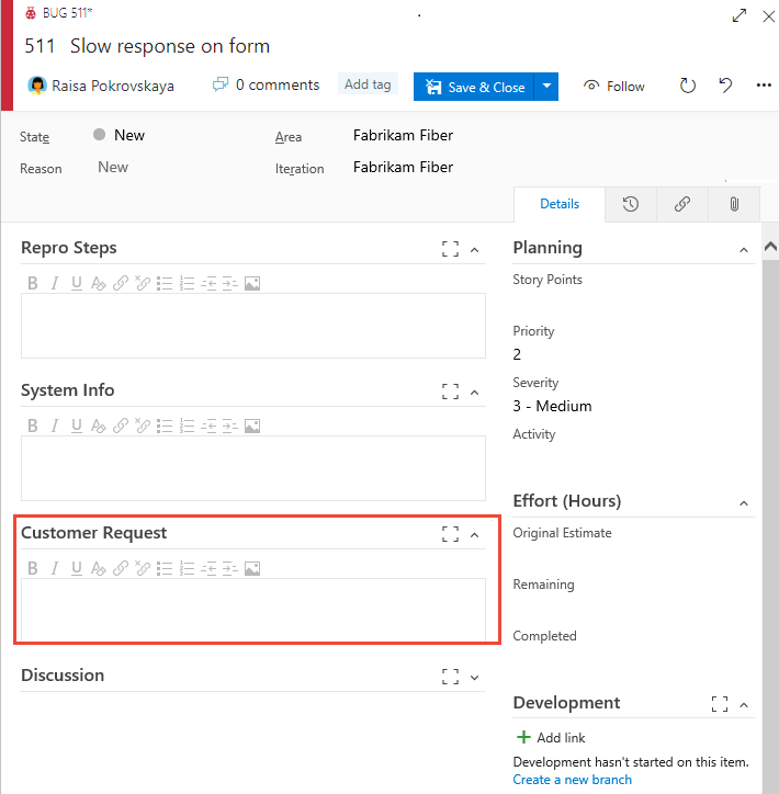 Formulário de bug, campo de solicitação do cliente adicionado à primeira coluna do formulário