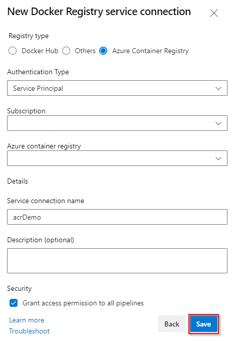 Uma captura de tela mostrando como configurar uma conexão de serviço do registro do Docker.