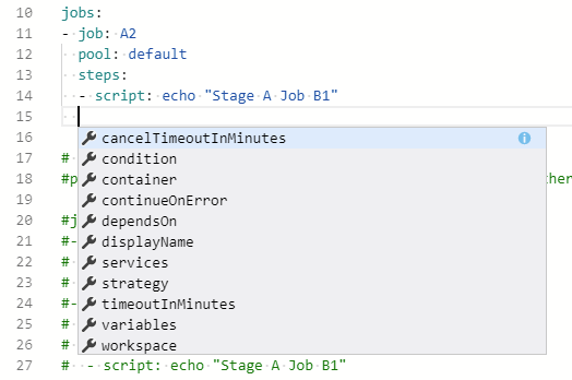 IntelliSense do editor de pipeline YAML.