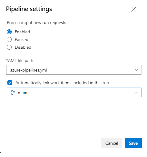 Caixa de diálogo Configurações de pipeline do YAML.