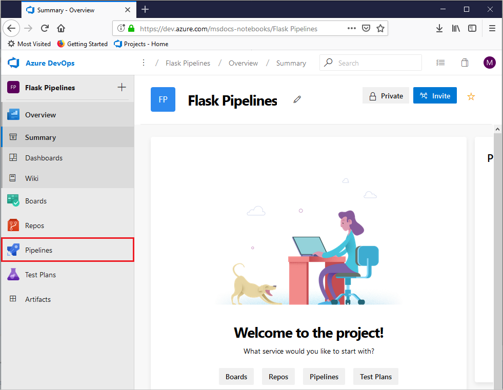 Captura de tela da seleção de pipelines no painel do projeto.