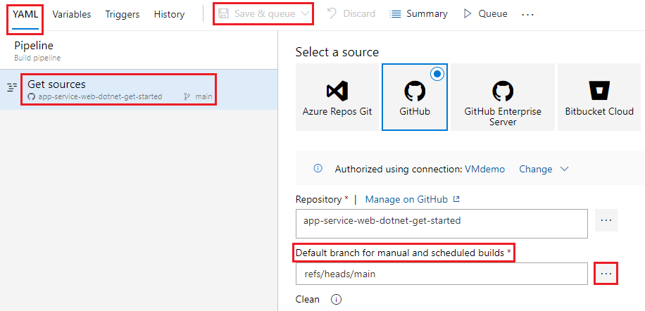 Captura de tela que mostra a configuração Ramificação padrão para builds manuais e agendados.