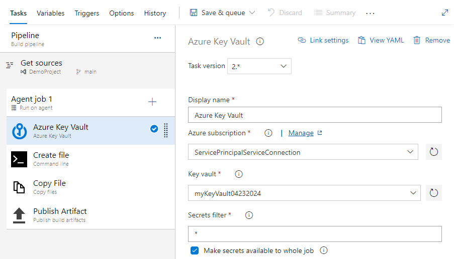 Captura de tela mostrando como configurar a tarefa do Cofre de chaves do Azure em pipelines clássicos.