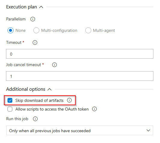 Uma captura de tela que mostra como ignorar o download automático de artefatos em um pipeline de lançamento Clássico no Azure DevOps Server.