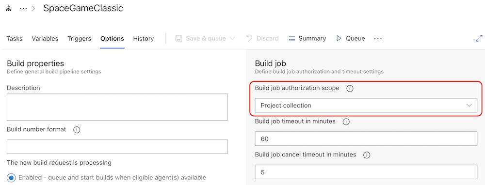 Captura de tela da execução bem-sucedida da configuração de Escopo de autorização do trabalho build.