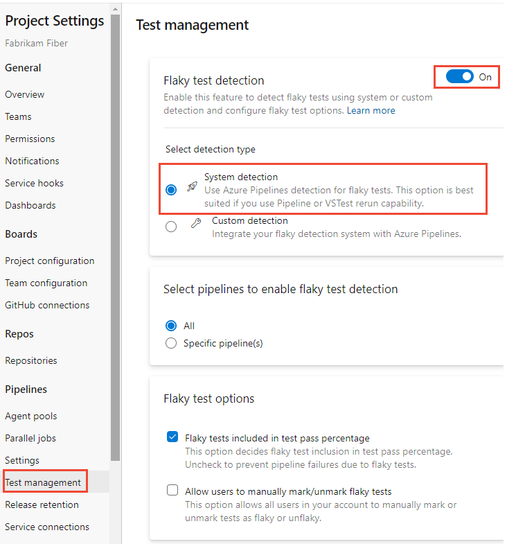 Captura de tela do Gerenciamento de Testes, detecção de teste de regressão habilitada, detecção do sistema.