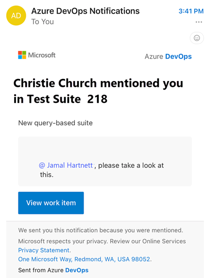 Captura de tela da notificação por email do Azure DevOps de emails recebidos no cliente móvel.