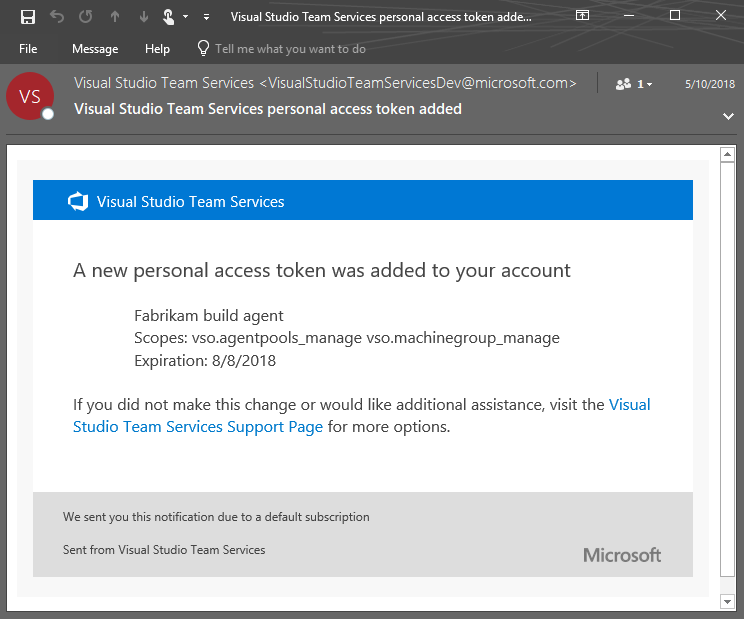 VSTS PAT adicionado e-mail