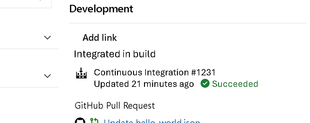 Exemplo de captura de tela do status de build do GitHub no formulário de item de trabalho