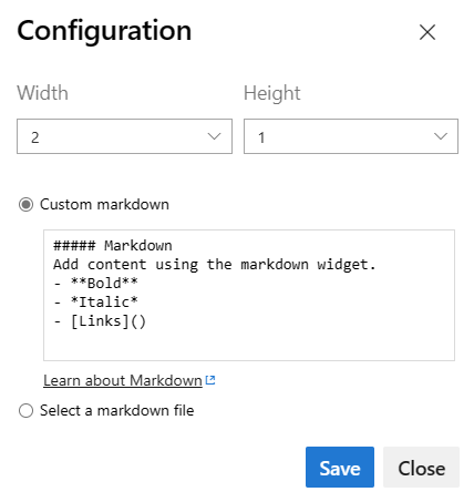 Captura de tela da caixa de diálogo de configuração do widget Markdown, altere o tamanho.