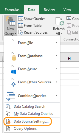 Excel, abrir configurações de fonte de dados