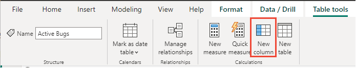 Captura de tela da guia Ferramentas de Tabela do Power BI, Nova coluna.