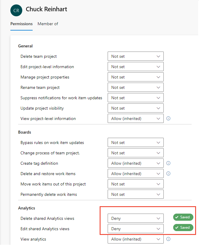 Captura de tela das permissões no nível do projeto do usuário, permissões de Analytics alteradas.