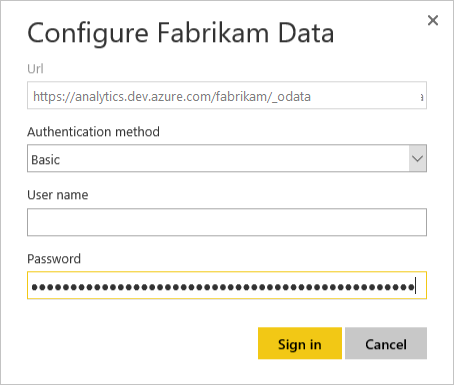 Caixa de diálogo Configurar Dados da Fabrikam, Inserir credenciais