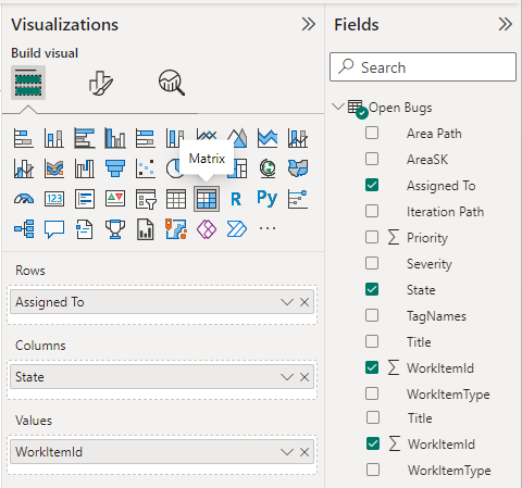 Captura de tela das seleções de Visualizações e Campos do Power BI para o relatório de Bugs Abertos. 