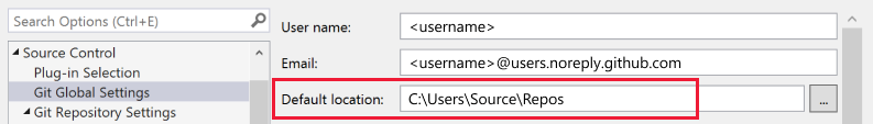 Captura de tela mostrando o campo Local padrão no Visual Studio.