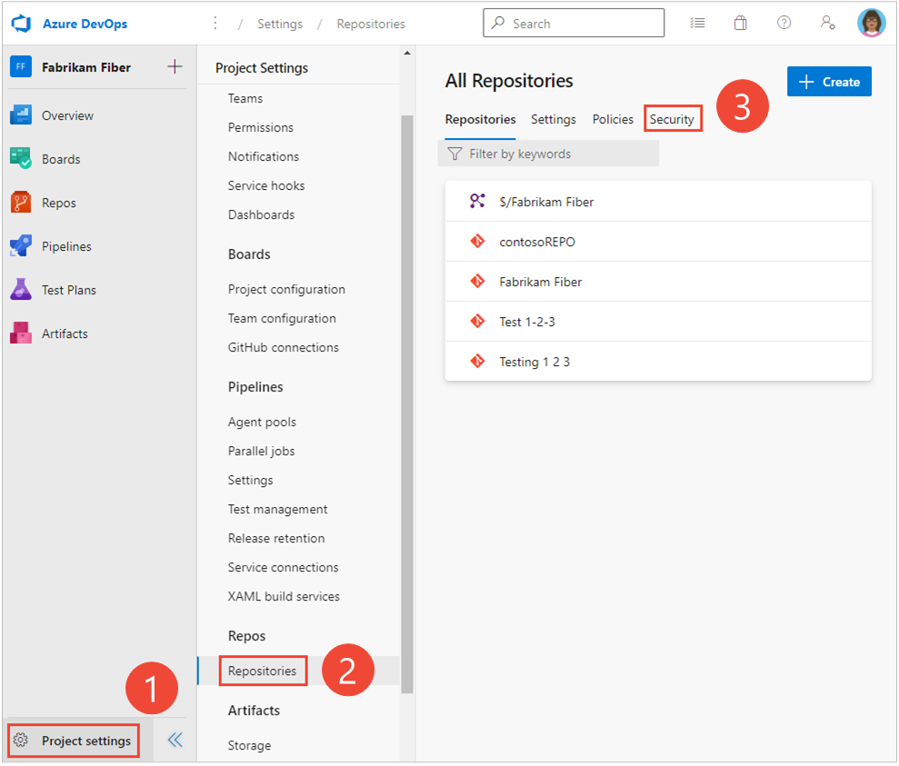 Captura de tela mostrando a escolha das Configurações do projeto>Repositórios>Segurança.