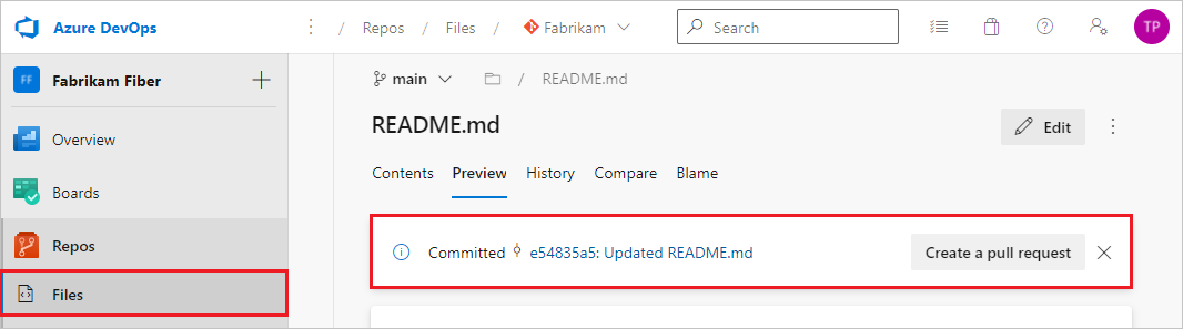 Captura de tela que mostra o prompt para criar uma PR na guia Arquivos no Azure Repos.