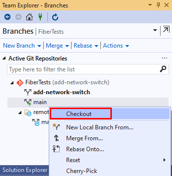 Captura de tela da opção Check-out no modo de exibição Branches do Team Explorer no Visual Studio 2019.