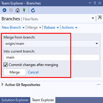 Captura de tela dos detalhes de mesclagem no modo de exibição Branches do Team Explorer no Visual Studio 2019.